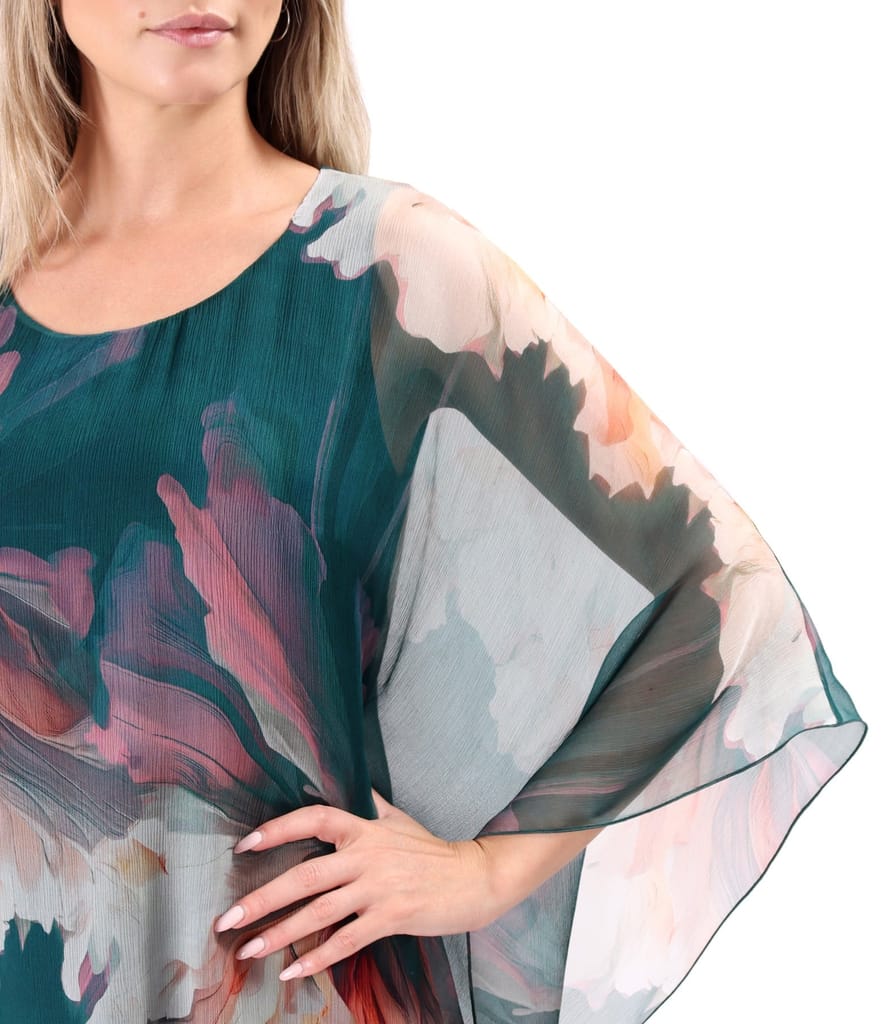 Rochie fluture din voal de matase naturala imprimata cu motive florale