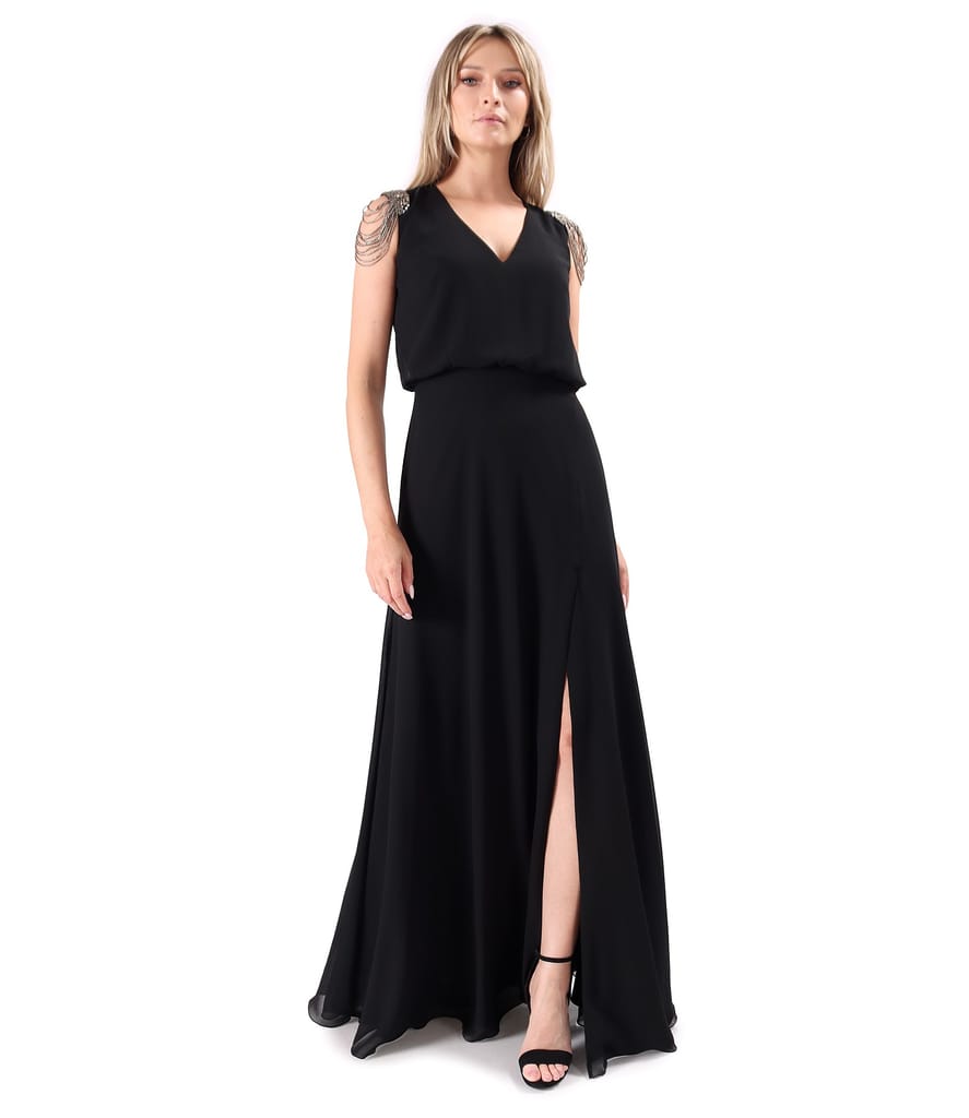 Rochie de ocazie lunga cu epoleti din margele