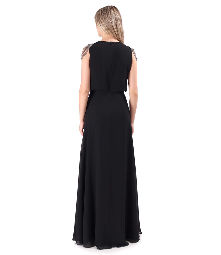 Rochie de ocazie lunga cu epoleti din margele