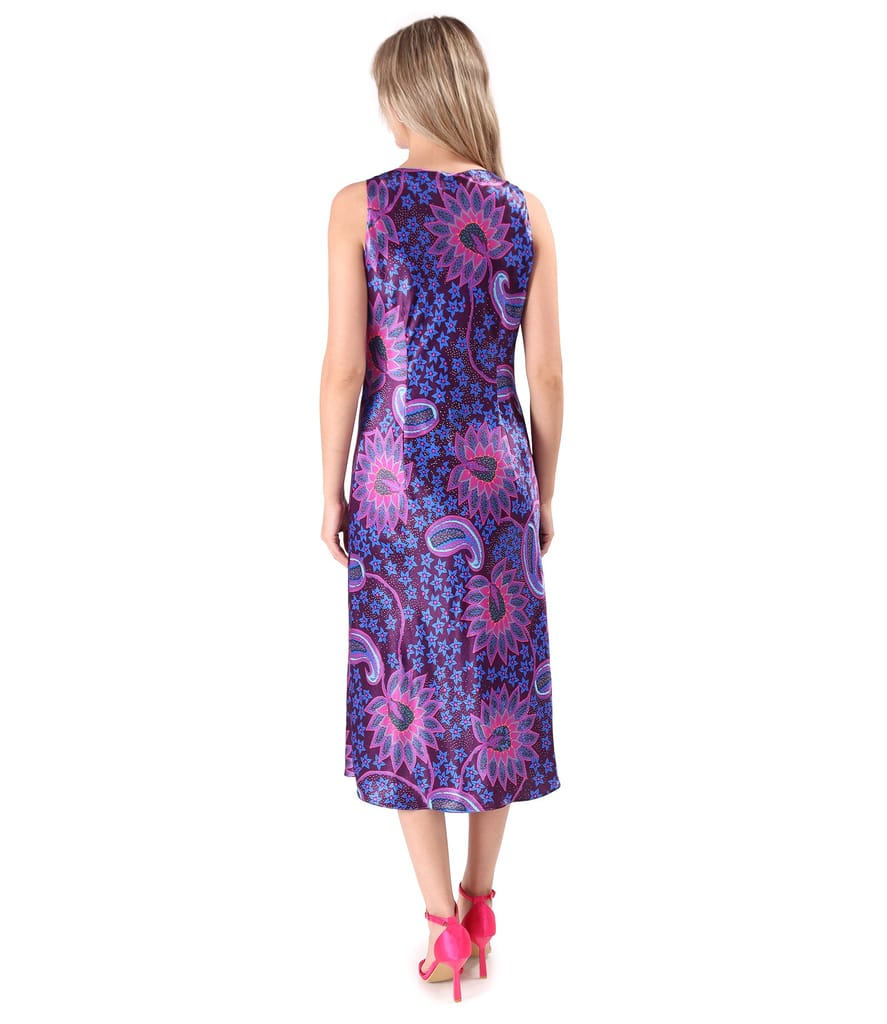 Rochie midi pe bie din satin de viscoza imprimata cu motive paisley