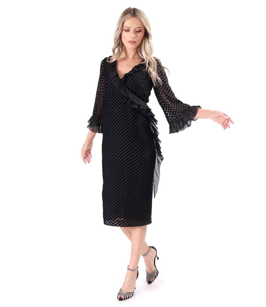 Rochie de cocktail din voal cu buline din catifea
