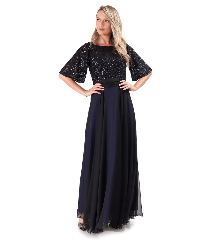 Rochie lunga de ocazie din voal cu bust si maneci din paiete