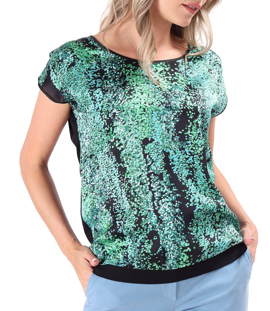 Bluza lejera cu fata din matase naturala imprimata cu motive geometrice