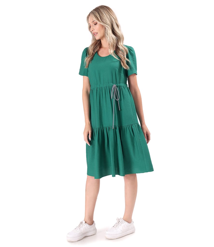 Rochie cu volane din viscoza incretita cu snur in talie