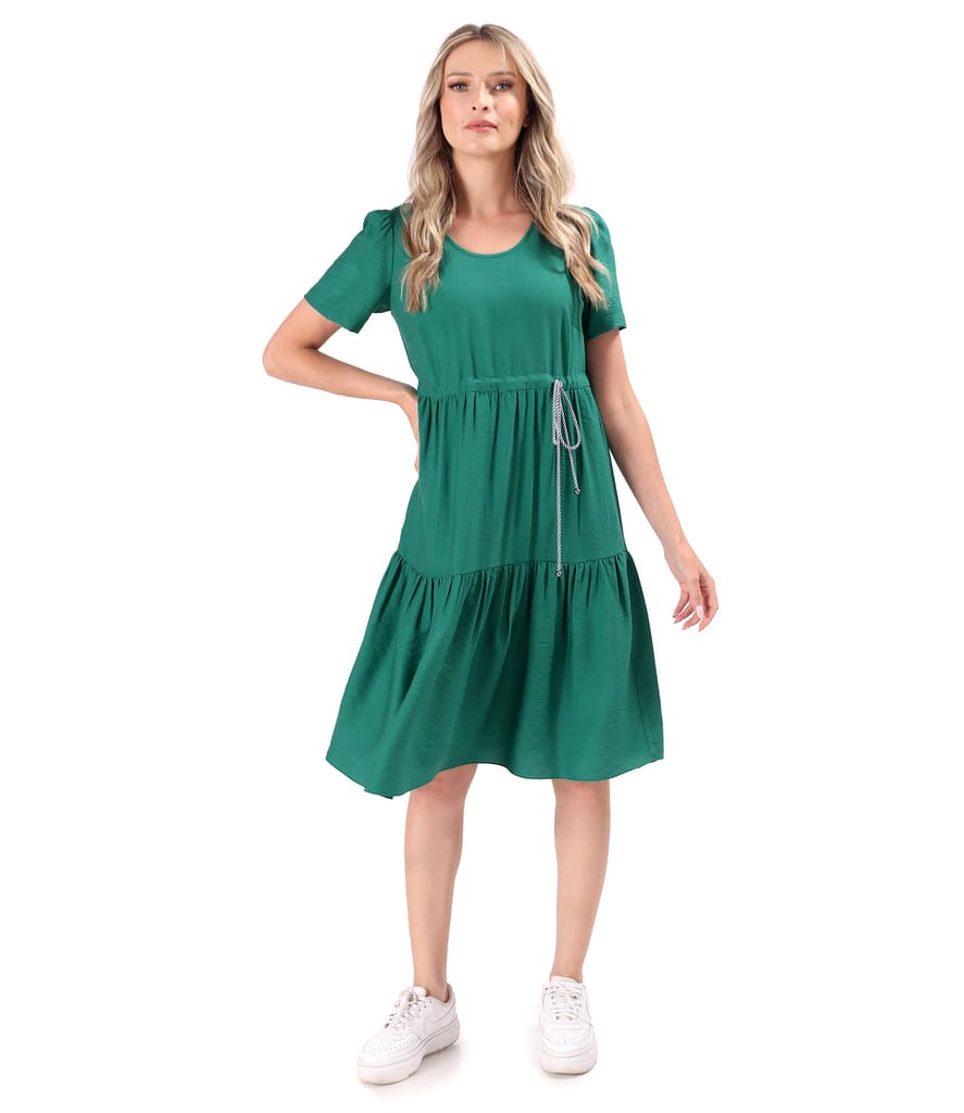 Rochie cu volane din viscoza incretita cu snur in talie