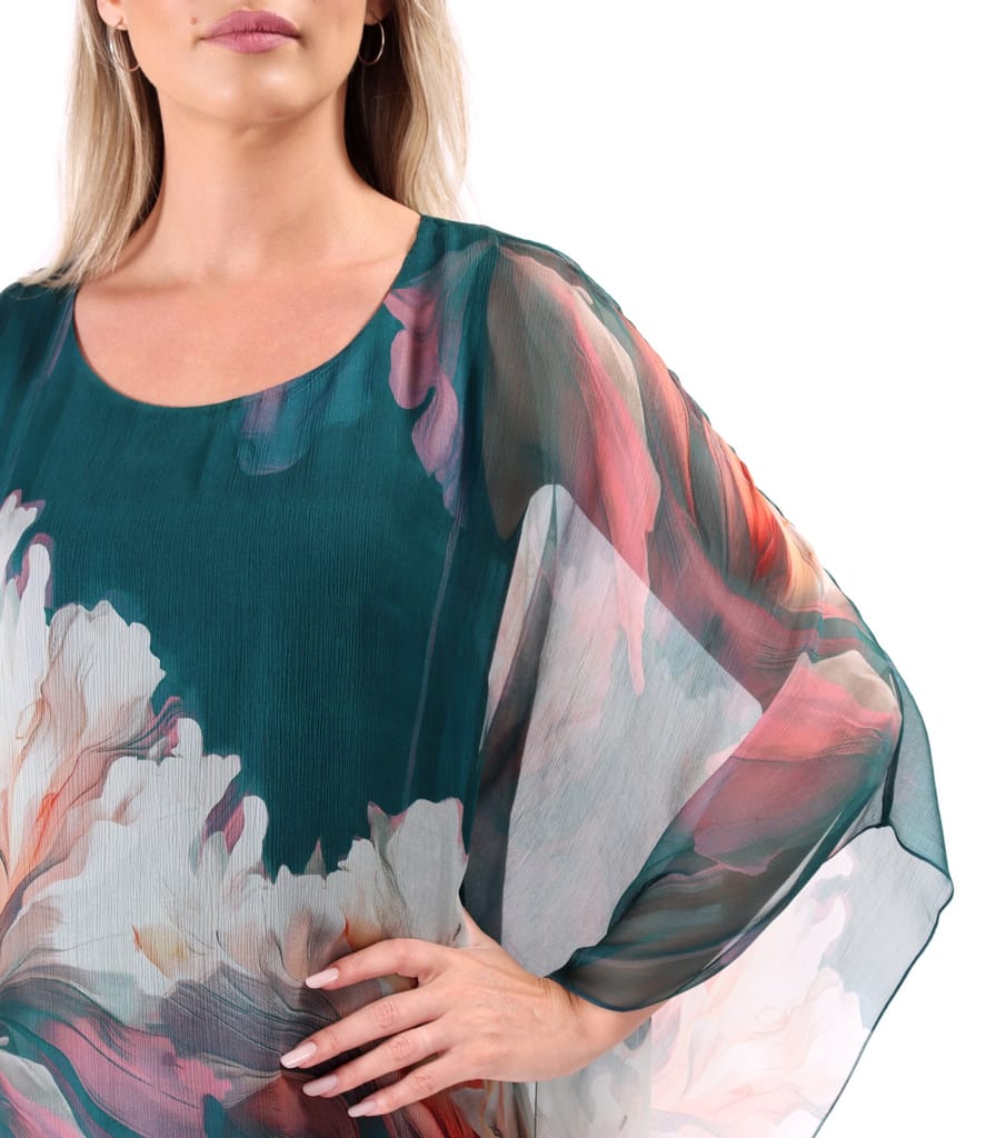 Rochie midi fluture din voal de matase naturala imprimata cu motive florale