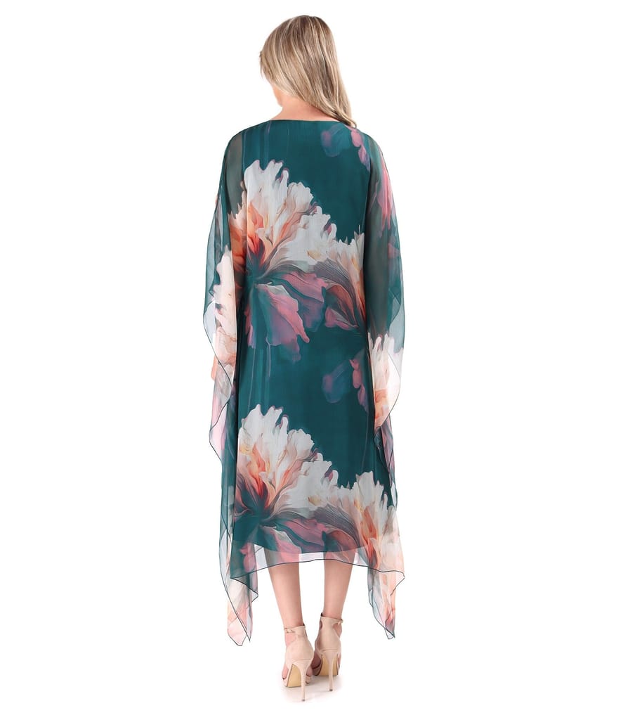 Rochie midi fluture din voal de matase naturala imprimata cu motive florale