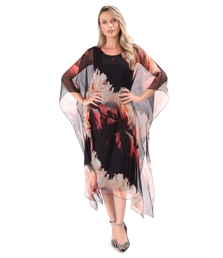 Rochie midi fluture din voal de matase naturala imprimata cu motive florale