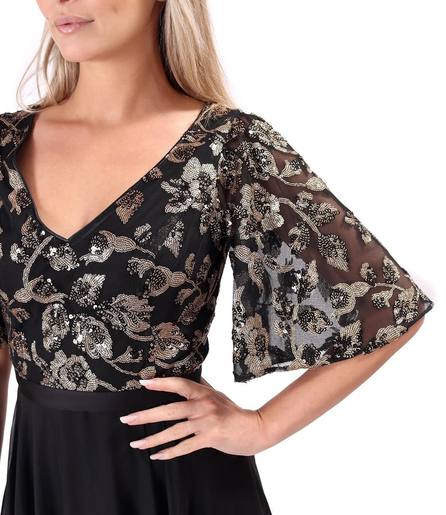 Rochie midi de ocazie cu corsaj si maneci ample din paiete aurii cu motive florale