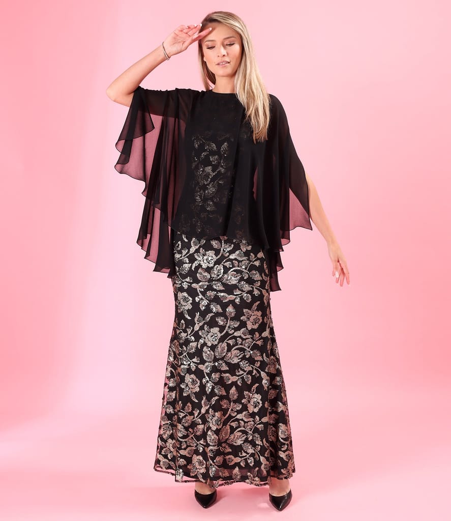 Rochie de seara lunga din paiete aurii cu motive florale