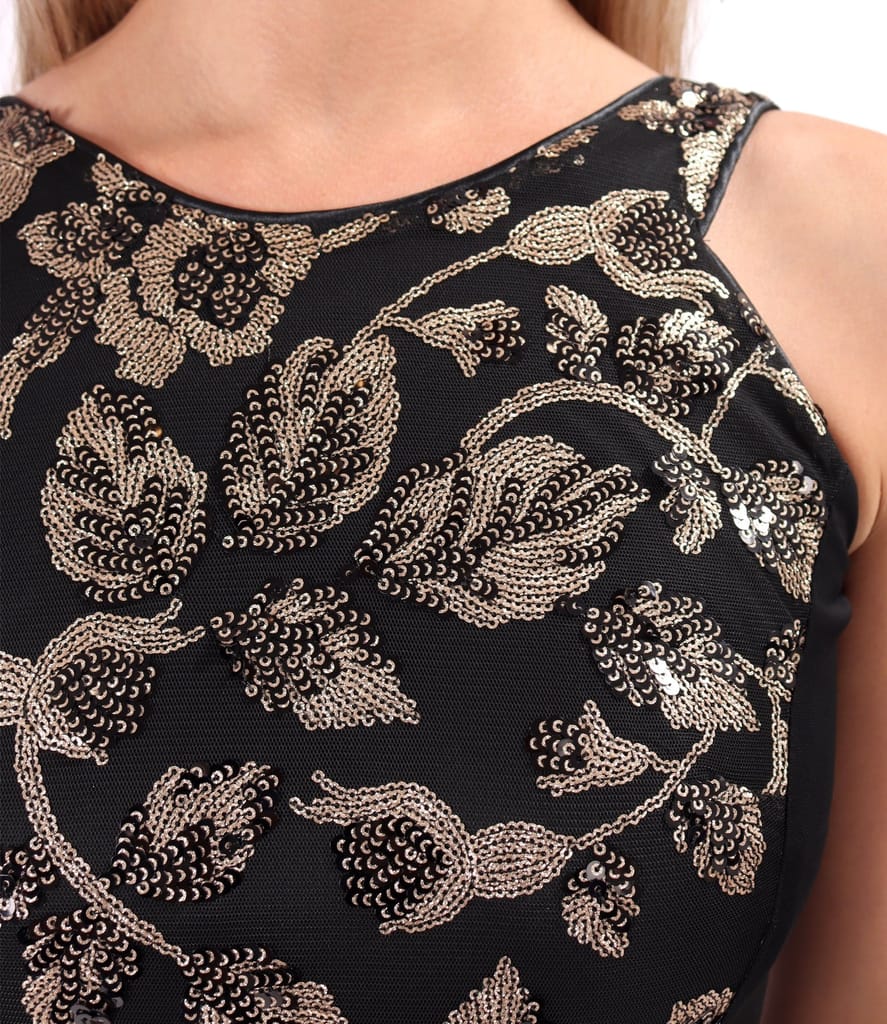 Rochie de seara lunga din paiete aurii cu motive florale