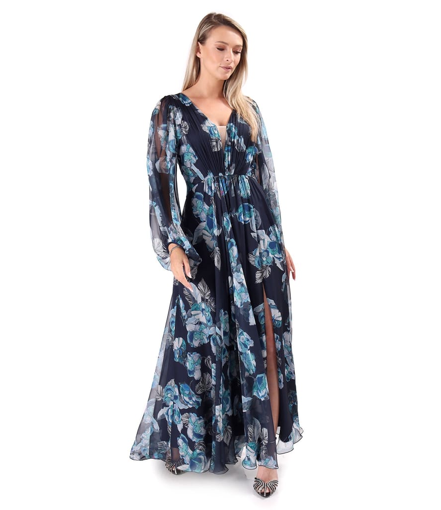 Rochie lunga de seara din voal fin imprimat cu motive florale