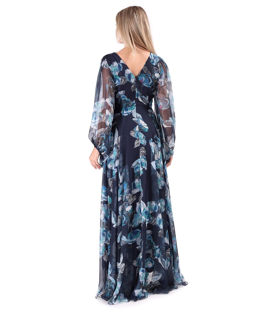 Rochie lunga de seara din voal fin imprimat cu motive florale