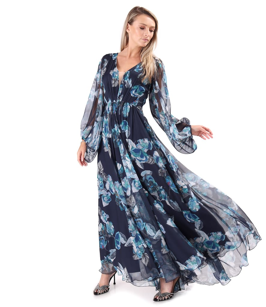 Rochie lunga de seara din voal fin imprimat cu motive florale