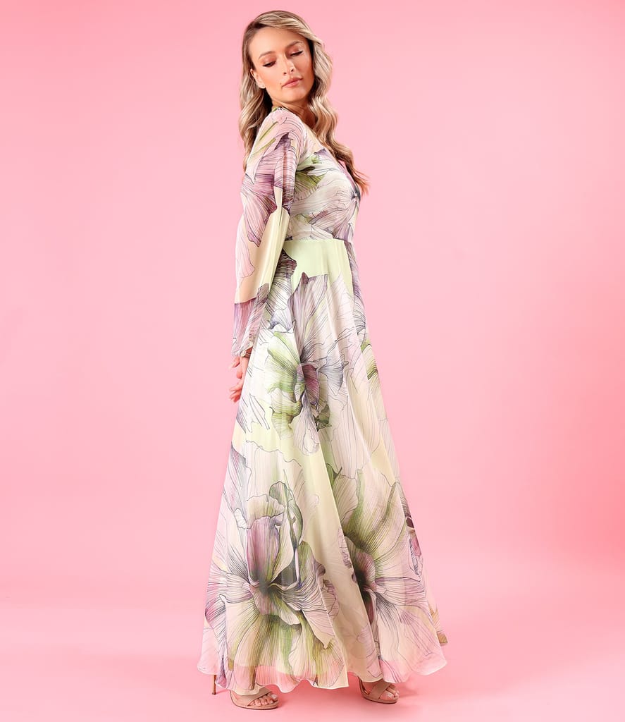 Rochie lunga din voal fin imprimat digital cu motive florale supradimensionate