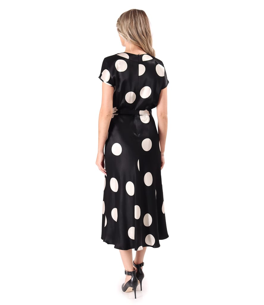 Rochie midi din satin de viscoza imprimata cu buline