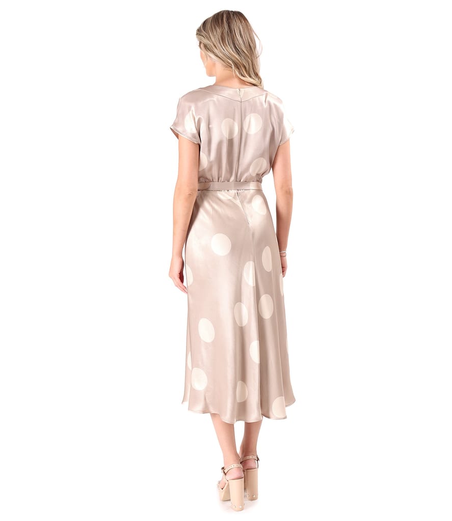 Rochie midi din satin de viscoza imprimata cu buline