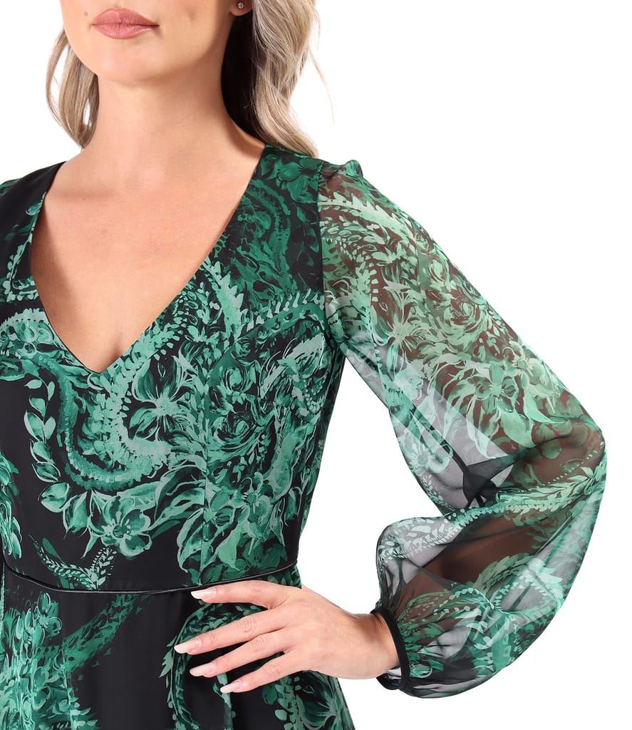 Rochie midi din voal fin imprimat digital cu motive paisley