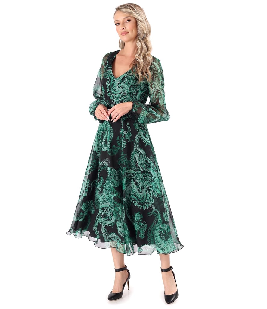 Rochie midi din voal fin imprimat digital cu motive paisley