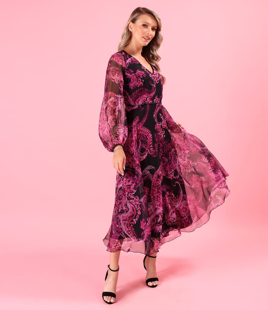 Rochie midi din voal fin imprimat digital cu motive paisley