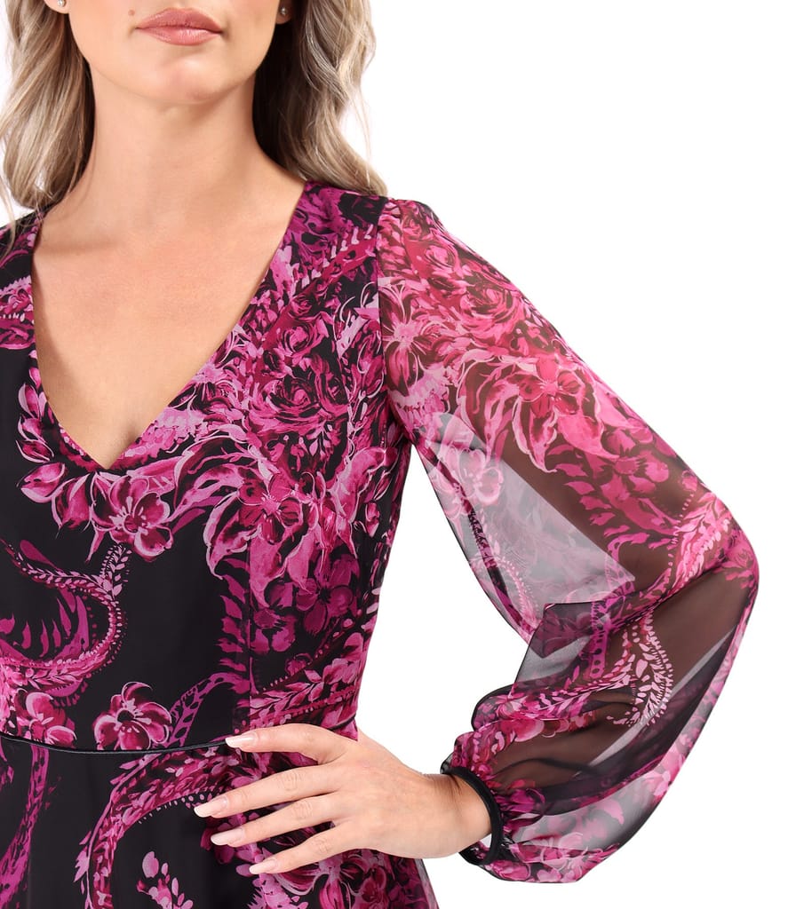 Rochie midi din voal fin imprimat digital cu motive paisley