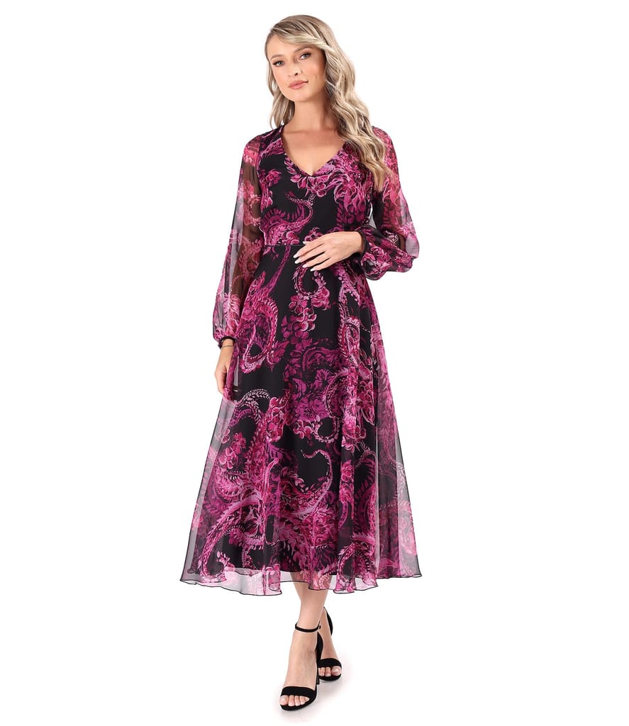Rochie midi din voal fin imprimat digital cu motive paisley