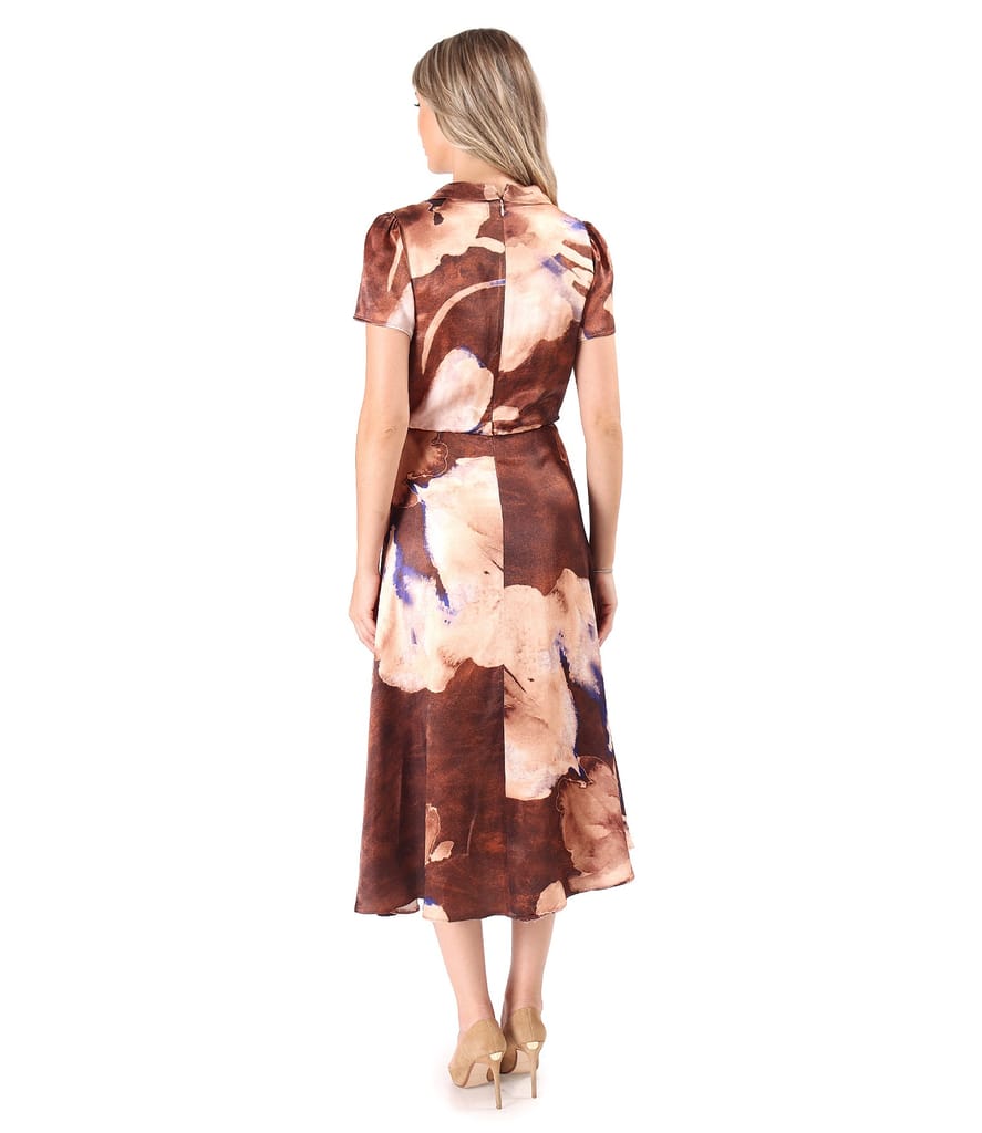 Rochie midi din viscoza satinata imprimat cu flori supradimensionate