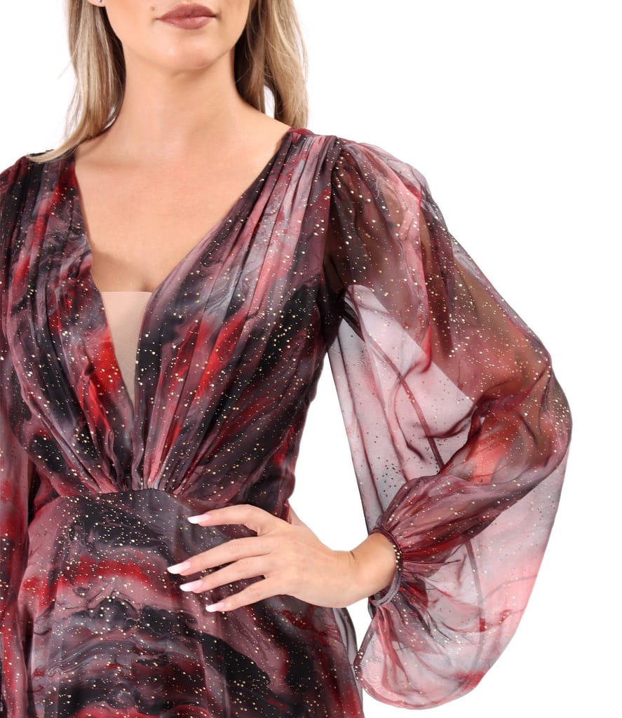 Rochie de seara din voal imprimat si cu motive aurii