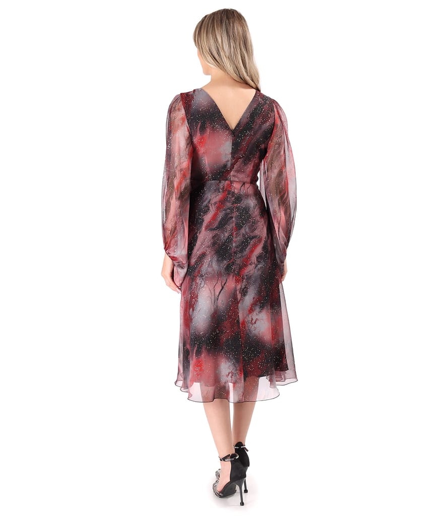 Rochie de seara din voal imprimat si cu motive aurii