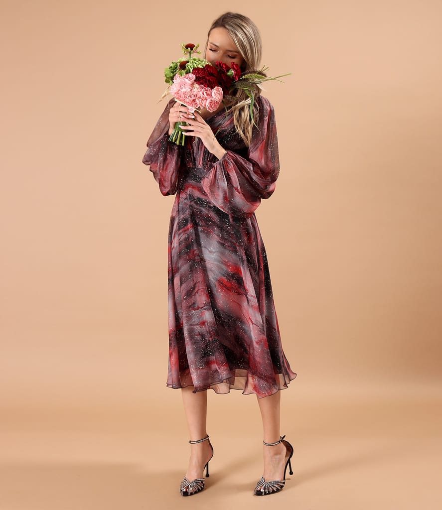 Rochie de seara din voal imprimat si cu motive aurii