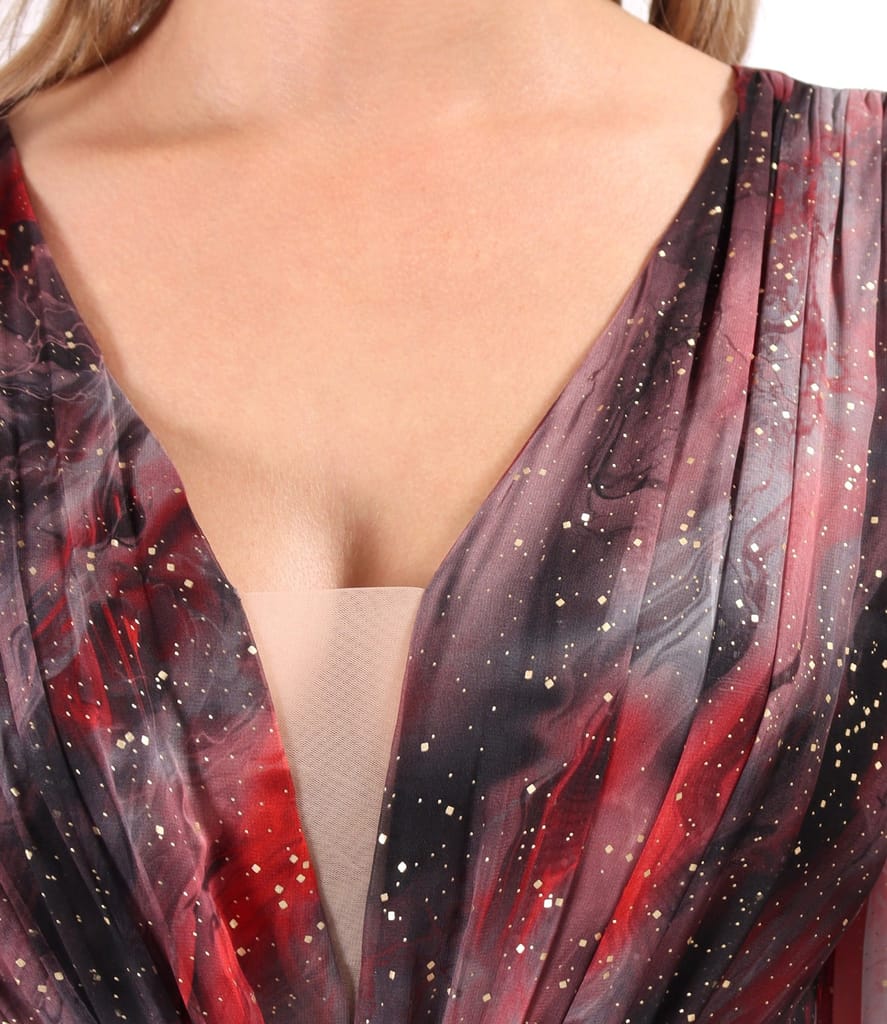 Rochie de seara din voal imprimat si cu motive aurii