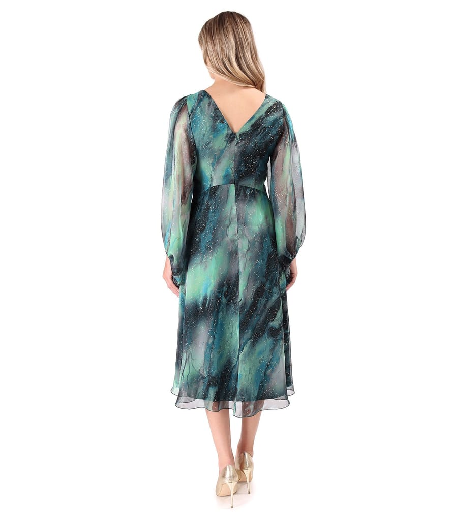 Rochie de seara din voal imprimat si cu motive aurii