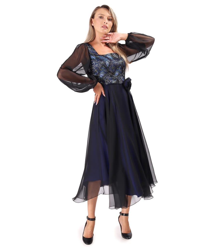 Rochie de seara midi cu bust din brocard cu fir metalic