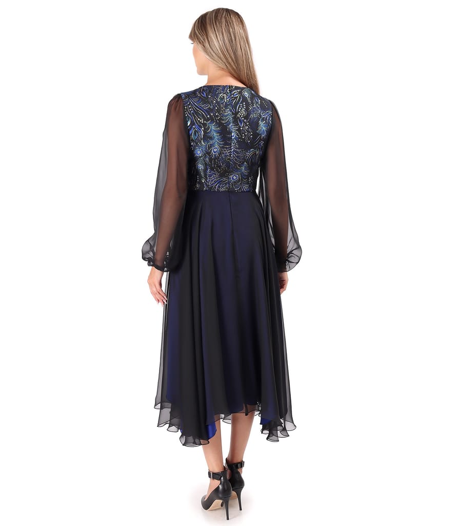 Rochie de seara midi cu bust din brocard cu fir metalic