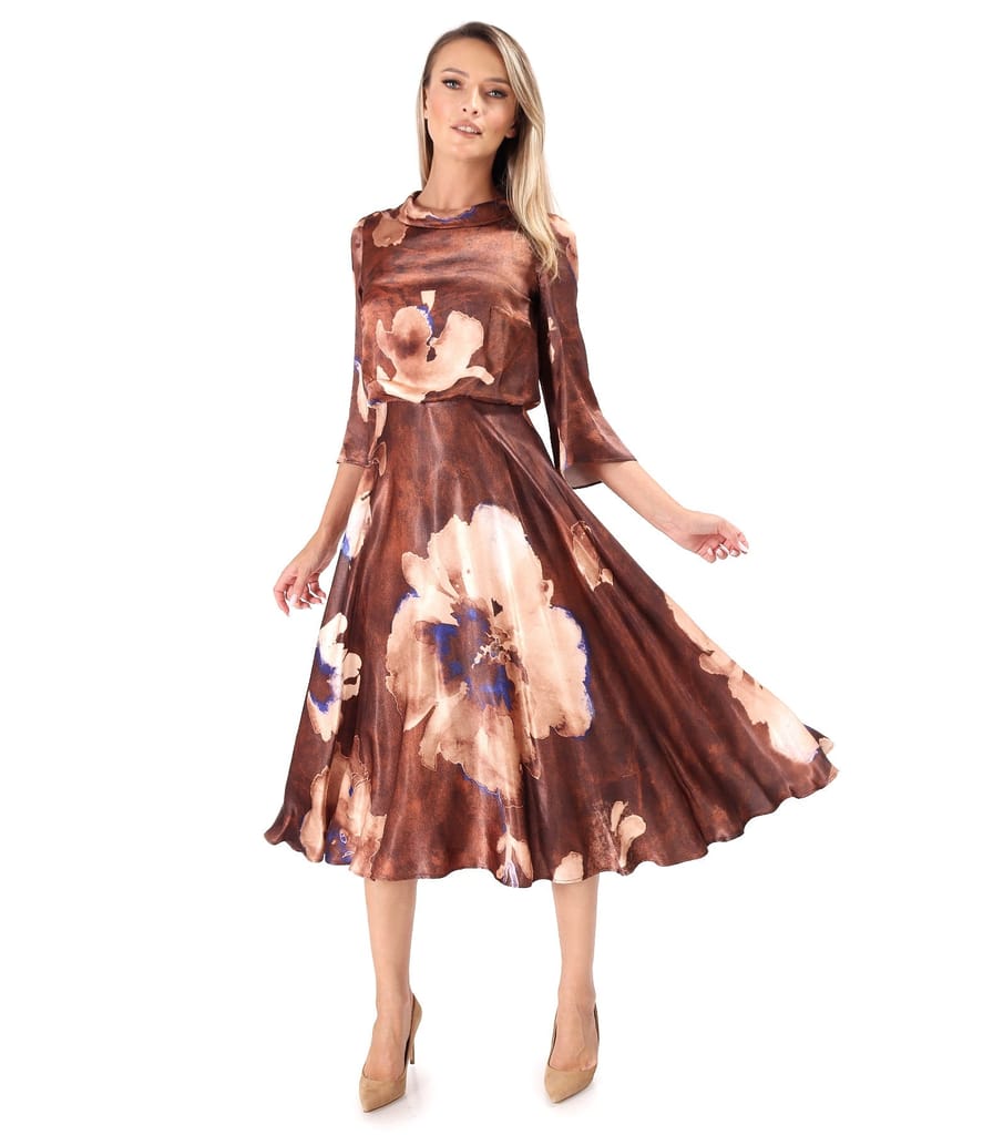 Rochie midi eleganta din viscoza satinata imprimat cu flori supradimensionate