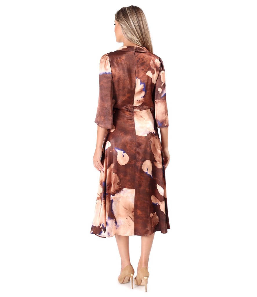 Rochie midi eleganta din viscoza satinata imprimat cu flori supradimensionate