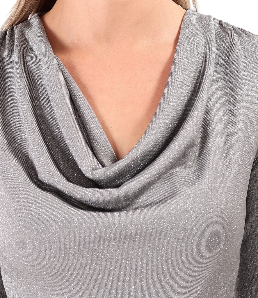 Bluza din jerse elastic cu fir metalic si cu decolteu in falduri