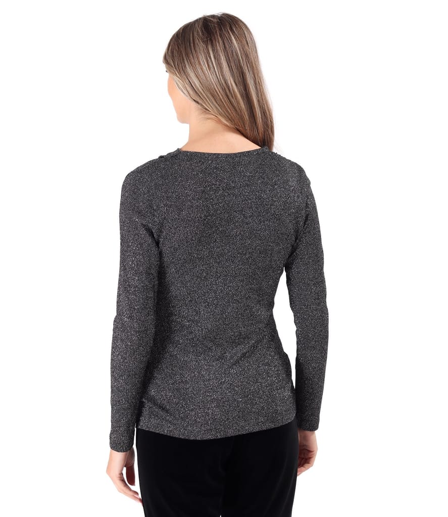 Bluza din jerse elastic cu fir metalic si cu decolteu in falduri