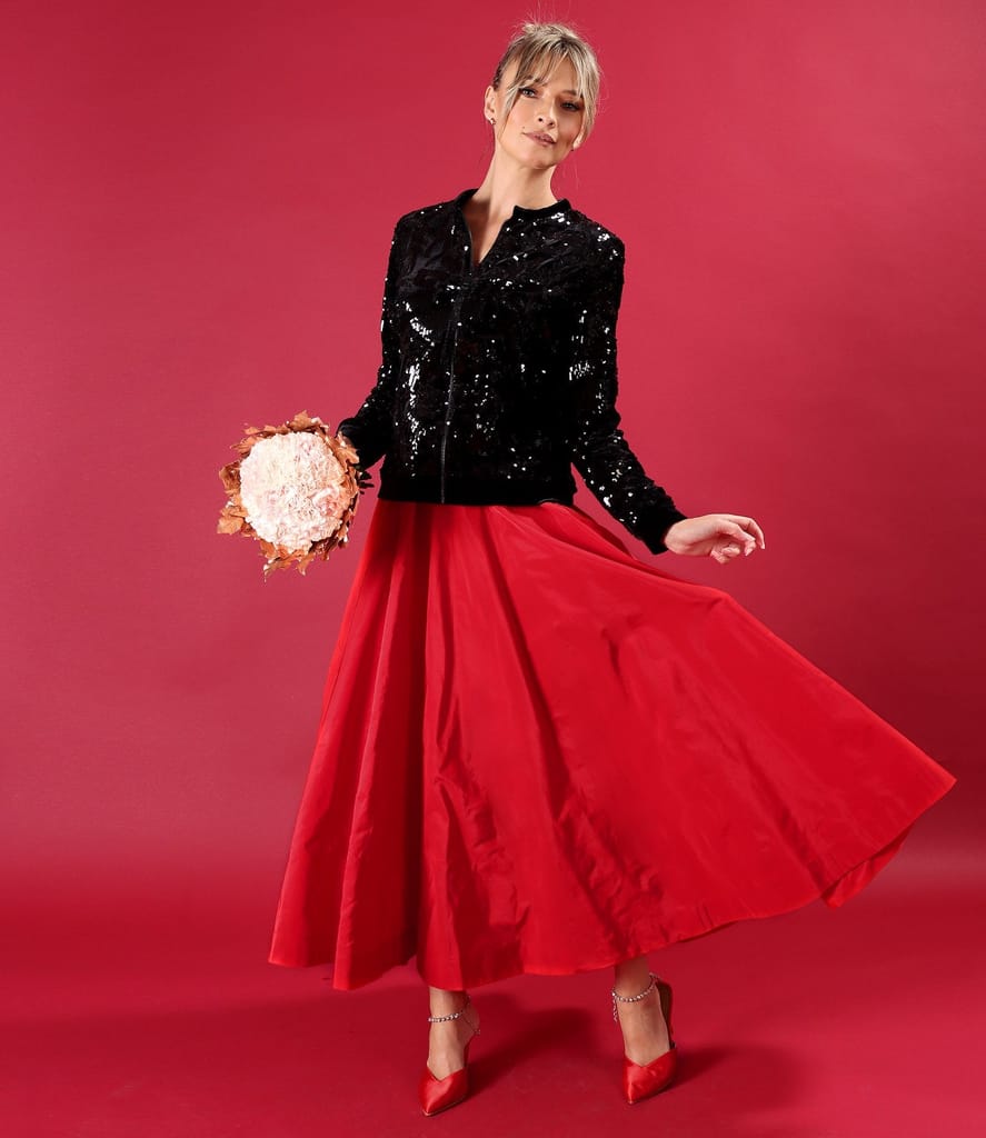 Fusta lunga clos din tafta cu elastic decorativ pe spate