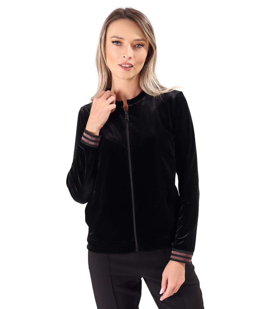 Bluza din catifea elastica neagra cu fermoar pe fata