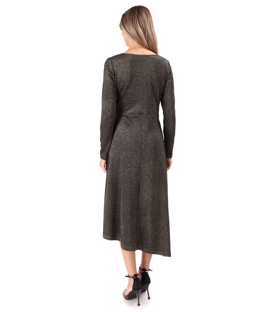 Rochie de seara din jerse elastic cu fir metalic auriu