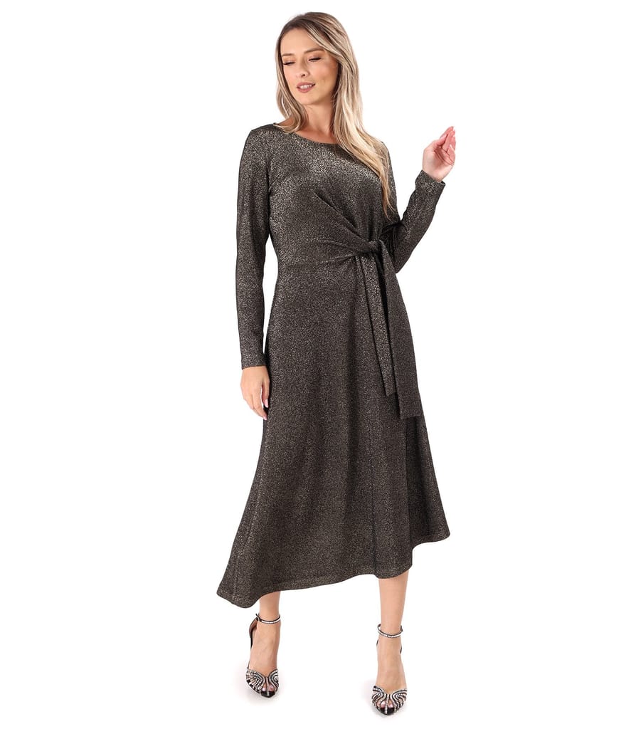 Rochie de seara din jerse elastic cu fir metalic auriu