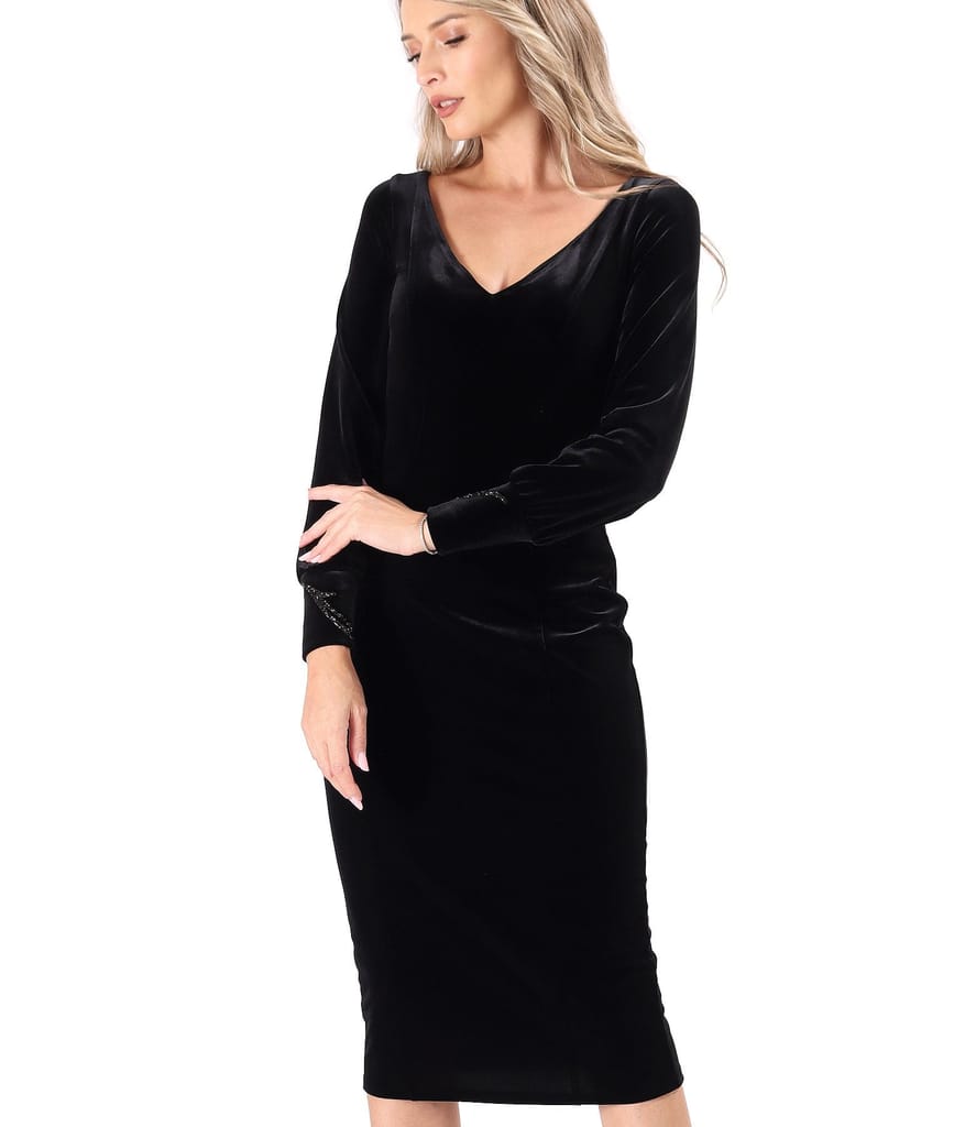 Rochie de seara din catifea elastica cu aplicatie de cristale  pe mansete