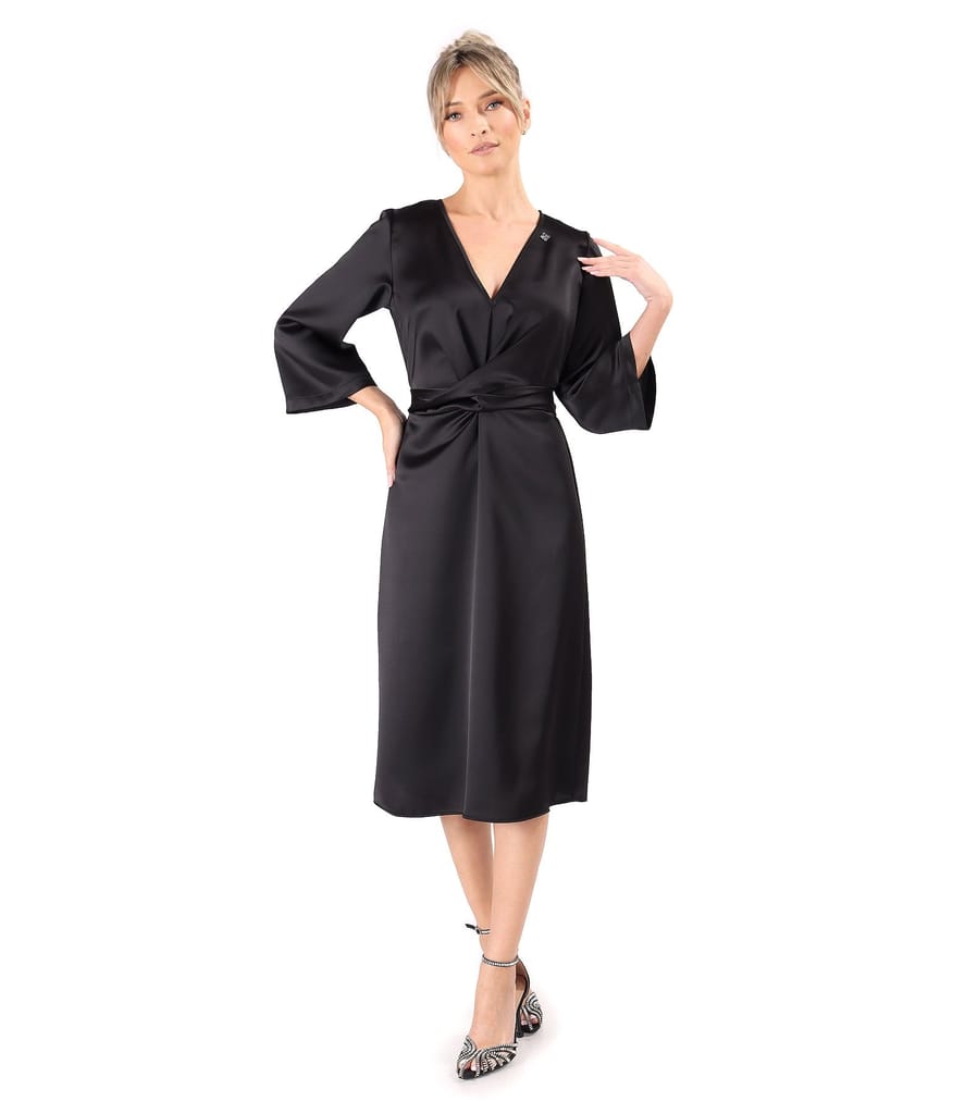 Rochie midi satinata cu cordon rasucit in talie