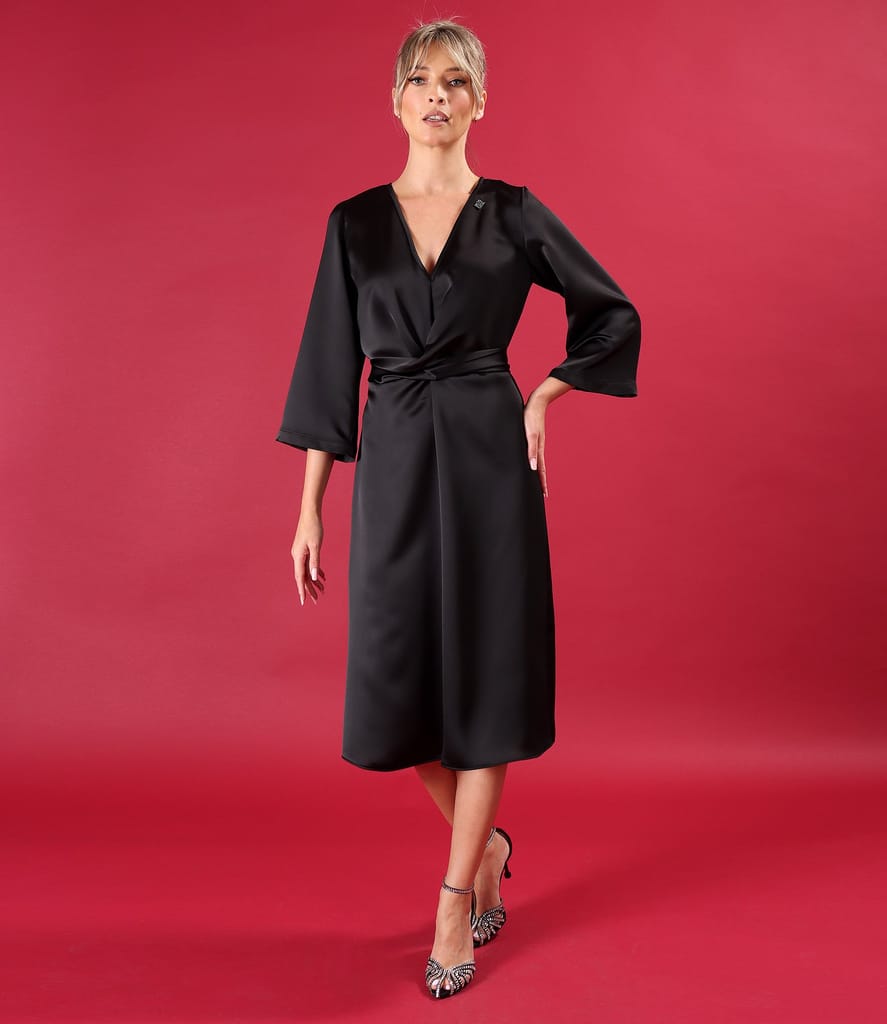 Rochie midi satinata cu cordon rasucit in talie