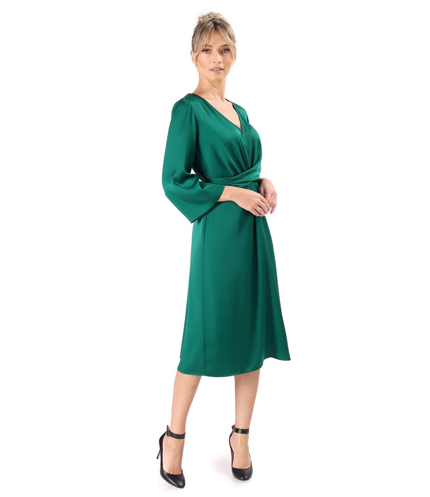 Rochie midi satinata cu cordon rasucit in talie