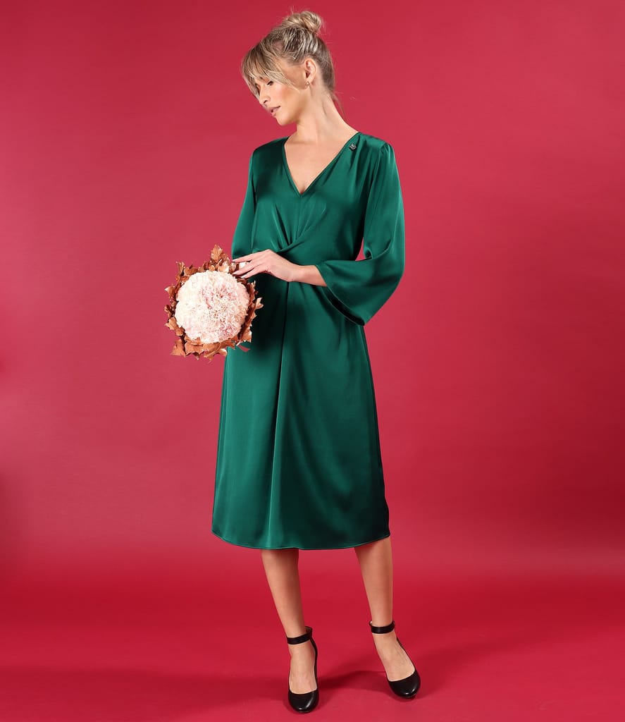 Rochie midi satinata cu cordon rasucit in talie
