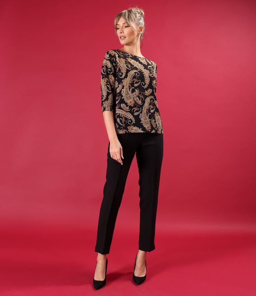 Pantaloni pana cu bluza din jerse elastic imprimat cu motive paisley