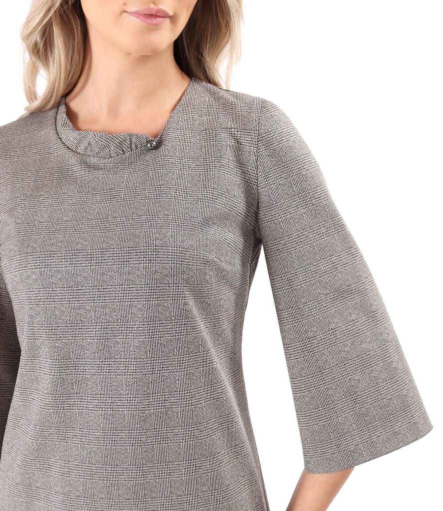 Rochie eleganta din stofa in carouri cu fir metalic auriu