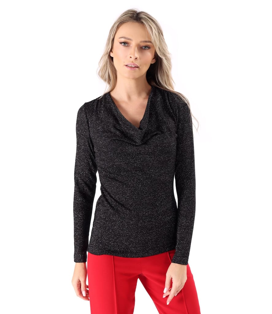 Bluza din jerse elastic cu fir metalic si cu decolteu in falduri